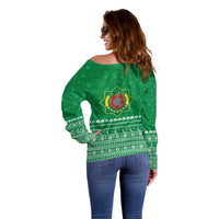 Turkmenistan Christmas Off Shoulder Sweater with Traditional Santa Snowflake Crescent Moon and National Emblem - Wonder Print Shop