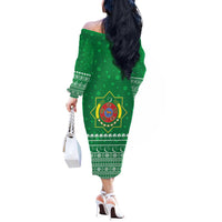 Turkmenistan Christmas Off The Shoulder Long Sleeve Dress with Traditional Santa Snowflake Crescent Moon and National Emblem - Wonder Print Shop