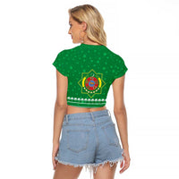Turkmenistan Christmas Raglan Cropped T Shirt with Traditional Santa Snowflake Crescent Moon and National Emblem - Wonder Print Shop