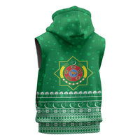 Turkmenistan Christmas Sleeveless Zip Hoodie with Traditional Santa Snowflake Crescent Moon and National Emblem - Wonder Print Shop