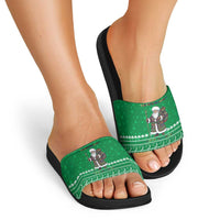 Turkmenistan Christmas Slide Sandals with Traditional Santa Snowflake Crescent Moon and National Emblem - Wonder Print Shop