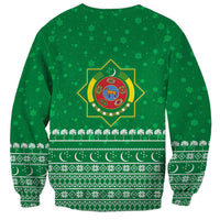 Turkmenistan Christmas Sweatshirt with Traditional Santa Snowflake Crescent Moon and National Emblem - Wonder Print Shop