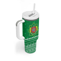 Turkmenistan Christmas Tumbler With Handle with Traditional Santa Snowflake Crescent Moon and National Emblem - Wonder Print Shop