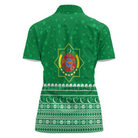 Turkmenistan Christmas Women Polo Shirt with Traditional Santa Snowflake Crescent Moon and National Emblem - Wonder Print Shop