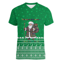 Turkmenistan Christmas Women V-Neck T-Shirt with Traditional Santa Snowflake Crescent Moon and National Emblem - Wonder Print Shop