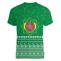 Turkmenistan Christmas Women V-Neck T-Shirt with Traditional Santa Snowflake Crescent Moon and National Emblem - Wonder Print Shop