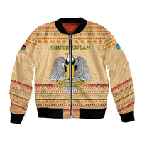 South Sudan Christmas Bomber Jacket with Beige Tribal Pattern, National Emblem, and Green Star Motif - Wonder Print Shop