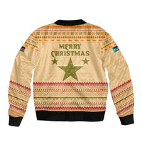 South Sudan Christmas Bomber Jacket with Beige Tribal Pattern, National Emblem, and Green Star Motif - Wonder Print Shop