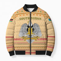 South Sudan Christmas Bomber Puffer Jacket with Beige Tribal Pattern, National Emblem, and Green Star Motif - Wonder Print Shop