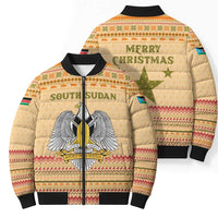South Sudan Christmas Bomber Puffer Jacket with Beige Tribal Pattern, National Emblem, and Green Star Motif - Wonder Print Shop