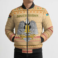 South Sudan Christmas Bomber Puffer Jacket with Beige Tribal Pattern, National Emblem, and Green Star Motif - Wonder Print Shop