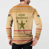 South Sudan Christmas Button Sweatshirt with Beige Tribal Pattern, National Emblem, and Green Star Motif - Wonder Print Shop