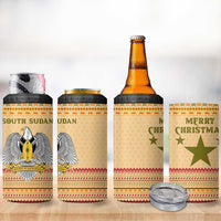 South Sudan Christmas 4 in 1 Can Cooler Tumbler with Beige Tribal Pattern, National Emblem, and Green Star Motif - Wonder Print Shop