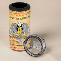 South Sudan Christmas 4 in 1 Can Cooler Tumbler with Beige Tribal Pattern, National Emblem, and Green Star Motif - Wonder Print Shop
