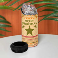 South Sudan Christmas 4 in 1 Can Cooler Tumbler with Beige Tribal Pattern, National Emblem, and Green Star Motif - Wonder Print Shop