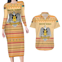 South Sudan Christmas Couples Matching Long Sleeve Bodycon Dress and Hawaiian Shirt with Beige Tribal Pattern, National Emblem, and Green Star Motif - Wonder Print Shop