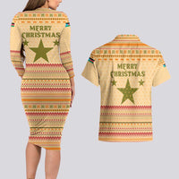 South Sudan Christmas Couples Matching Long Sleeve Bodycon Dress and Hawaiian Shirt with Beige Tribal Pattern, National Emblem, and Green Star Motif - Wonder Print Shop