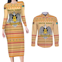South Sudan Christmas Couples Matching Long Sleeve Bodycon Dress and Long Sleeve Button Shirt with Beige Tribal Pattern, National Emblem, and Green Star Motif - Wonder Print Shop