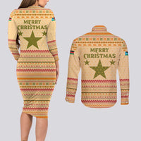 South Sudan Christmas Couples Matching Long Sleeve Bodycon Dress and Long Sleeve Button Shirt with Beige Tribal Pattern, National Emblem, and Green Star Motif - Wonder Print Shop