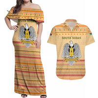 South Sudan Christmas Couples Matching Off Shoulder Maxi Dress and Hawaiian Shirt with Beige Tribal Pattern, National Emblem, and Green Star Motif - Wonder Print Shop