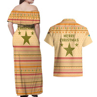 South Sudan Christmas Couples Matching Off Shoulder Maxi Dress and Hawaiian Shirt with Beige Tribal Pattern, National Emblem, and Green Star Motif - Wonder Print Shop