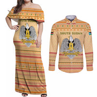 South Sudan Christmas Couples Matching Off Shoulder Maxi Dress and Long Sleeve Button Shirt with Beige Tribal Pattern, National Emblem, and Green Star Motif - Wonder Print Shop