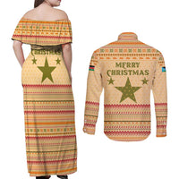 South Sudan Christmas Couples Matching Off Shoulder Maxi Dress and Long Sleeve Button Shirt with Beige Tribal Pattern, National Emblem, and Green Star Motif - Wonder Print Shop