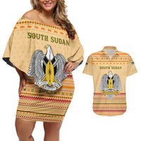 South Sudan Christmas Couples Matching Off Shoulder Short Dress and Hawaiian Shirt with Beige Tribal Pattern, National Emblem, and Green Star Motif - Wonder Print Shop
