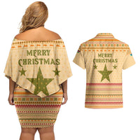 South Sudan Christmas Couples Matching Off Shoulder Short Dress and Hawaiian Shirt with Beige Tribal Pattern, National Emblem, and Green Star Motif - Wonder Print Shop