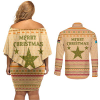 South Sudan Christmas Couples Matching Off Shoulder Short Dress and Long Sleeve Button Shirt with Beige Tribal Pattern, National Emblem, and Green Star Motif - Wonder Print Shop