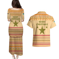 South Sudan Christmas Couples Matching Puletasi and Hawaiian Shirt with Beige Tribal Pattern, National Emblem, and Green Star Motif - Wonder Print Shop