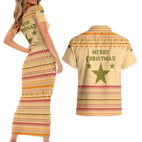 South Sudan Christmas Couples Matching Short Sleeve Bodycon Dress and Hawaiian Shirt with Beige Tribal Pattern, National Emblem, and Green Star Motif - Wonder Print Shop