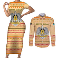 South Sudan Christmas Couples Matching Short Sleeve Bodycon Dress and Long Sleeve Button Shirt with Beige Tribal Pattern, National Emblem, and Green Star Motif - Wonder Print Shop