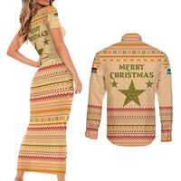 South Sudan Christmas Couples Matching Short Sleeve Bodycon Dress and Long Sleeve Button Shirt with Beige Tribal Pattern, National Emblem, and Green Star Motif - Wonder Print Shop