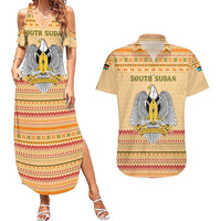 South Sudan Christmas Couples Matching Summer Maxi Dress and Hawaiian Shirt with Beige Tribal Pattern, National Emblem, and Green Star Motif - Wonder Print Shop