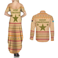 South Sudan Christmas Couples Matching Summer Maxi Dress and Long Sleeve Button Shirt with Beige Tribal Pattern, National Emblem, and Green Star Motif - Wonder Print Shop