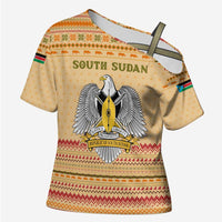 South Sudan Christmas Cross Shoulder Shirt with Beige Tribal Pattern, National Emblem, and Green Star Motif - Wonder Print Shop