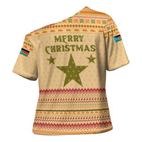 South Sudan Christmas Cross Shoulder Shirt with Beige Tribal Pattern, National Emblem, and Green Star Motif - Wonder Print Shop
