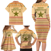 South Sudan Christmas Family Matching Long Sleeve Bodycon Dress and Hawaiian Shirt with Beige Tribal Pattern, National Emblem, and Green Star Motif - Wonder Print Shop