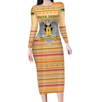 South Sudan Christmas Family Matching Long Sleeve Bodycon Dress and Hawaiian Shirt with Beige Tribal Pattern, National Emblem, and Green Star Motif - Wonder Print Shop