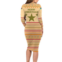 South Sudan Christmas Family Matching Long Sleeve Bodycon Dress and Hawaiian Shirt with Beige Tribal Pattern, National Emblem, and Green Star Motif - Wonder Print Shop
