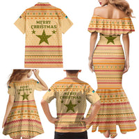 South Sudan Christmas Family Matching Mermaid Dress and Hawaiian Shirt with Beige Tribal Pattern, National Emblem, and Green Star Motif - Wonder Print Shop