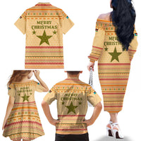 South Sudan Christmas Family Matching Off The Shoulder Long Sleeve Dress and Hawaiian Shirt with Beige Tribal Pattern, National Emblem, and Green Star Motif - Wonder Print Shop