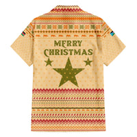South Sudan Christmas Family Matching Off The Shoulder Long Sleeve Dress and Hawaiian Shirt with Beige Tribal Pattern, National Emblem, and Green Star Motif - Wonder Print Shop