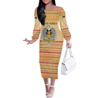 South Sudan Christmas Family Matching Off The Shoulder Long Sleeve Dress and Hawaiian Shirt with Beige Tribal Pattern, National Emblem, and Green Star Motif - Wonder Print Shop