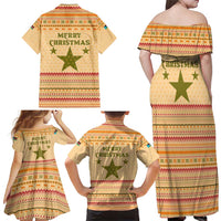 South Sudan Christmas Family Matching Off Shoulder Maxi Dress and Hawaiian Shirt with Beige Tribal Pattern, National Emblem, and Green Star Motif - Wonder Print Shop
