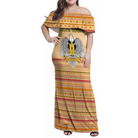 South Sudan Christmas Family Matching Off Shoulder Maxi Dress and Hawaiian Shirt with Beige Tribal Pattern, National Emblem, and Green Star Motif - Wonder Print Shop