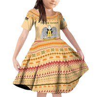South Sudan Christmas Family Matching Off Shoulder Short Dress and Hawaiian Shirt with Beige Tribal Pattern, National Emblem, and Green Star Motif - Wonder Print Shop