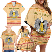 South Sudan Christmas Family Matching Off Shoulder Short Dress and Hawaiian Shirt with Beige Tribal Pattern, National Emblem, and Green Star Motif - Wonder Print Shop