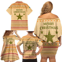 South Sudan Christmas Family Matching Off Shoulder Short Dress and Hawaiian Shirt with Beige Tribal Pattern, National Emblem, and Green Star Motif - Wonder Print Shop